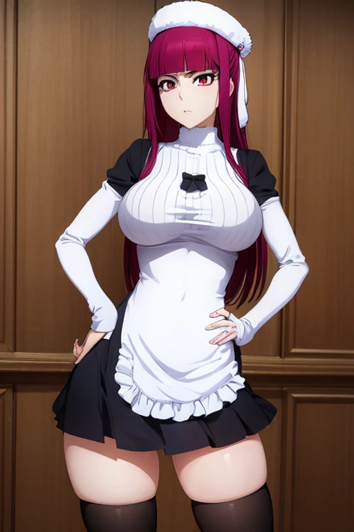 (masterpiece, Detailed Image,detailed picture) Sexy Riruka Dokugamine in her dress and hat, bleach girl, top quality, 16 thousand, ultra-detailed, black stockings, girl stands posing with her hand on her waist, beautiful Riruka Dokugamine, Big breasts, bitch face, attention to the tight stockings