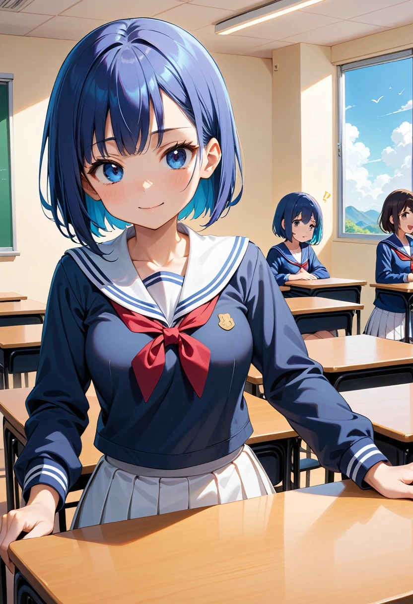 (masterpiece, best quality:1.2), 1girl, solo,(JK, , Sailor suit, Pleated skirt, Striped pants)
, catria,kawaii,,(navyblue Hair:1.5),Short Hair,Bob,blue eyes,Thin Waist,Small,Toned,small breasts,short stature,classroom,(animated:1.5),(Let out a laugh:1.5)