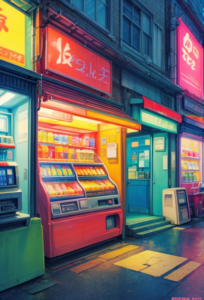 (best quality, masterpiece:1.2), lo-fi isometric illustration of a japanese street, neon colors, vending machines, shops, cool lighting