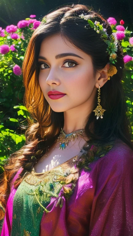 a beautiful girl in a lush garden, surrounded by colorful flowers, gazing up at a starry night sky, (best quality,4k,8k,highres,masterpiece:1.2),ultra-detailed,(realistic,photorealistic,photo-realistic:1.37),extremely detailed eyes and face,longeyelashes,detailed flower petals,detailed starry night sky,vibrant colors,cinematic lighting,intricate background details,fantasy,dreamlike