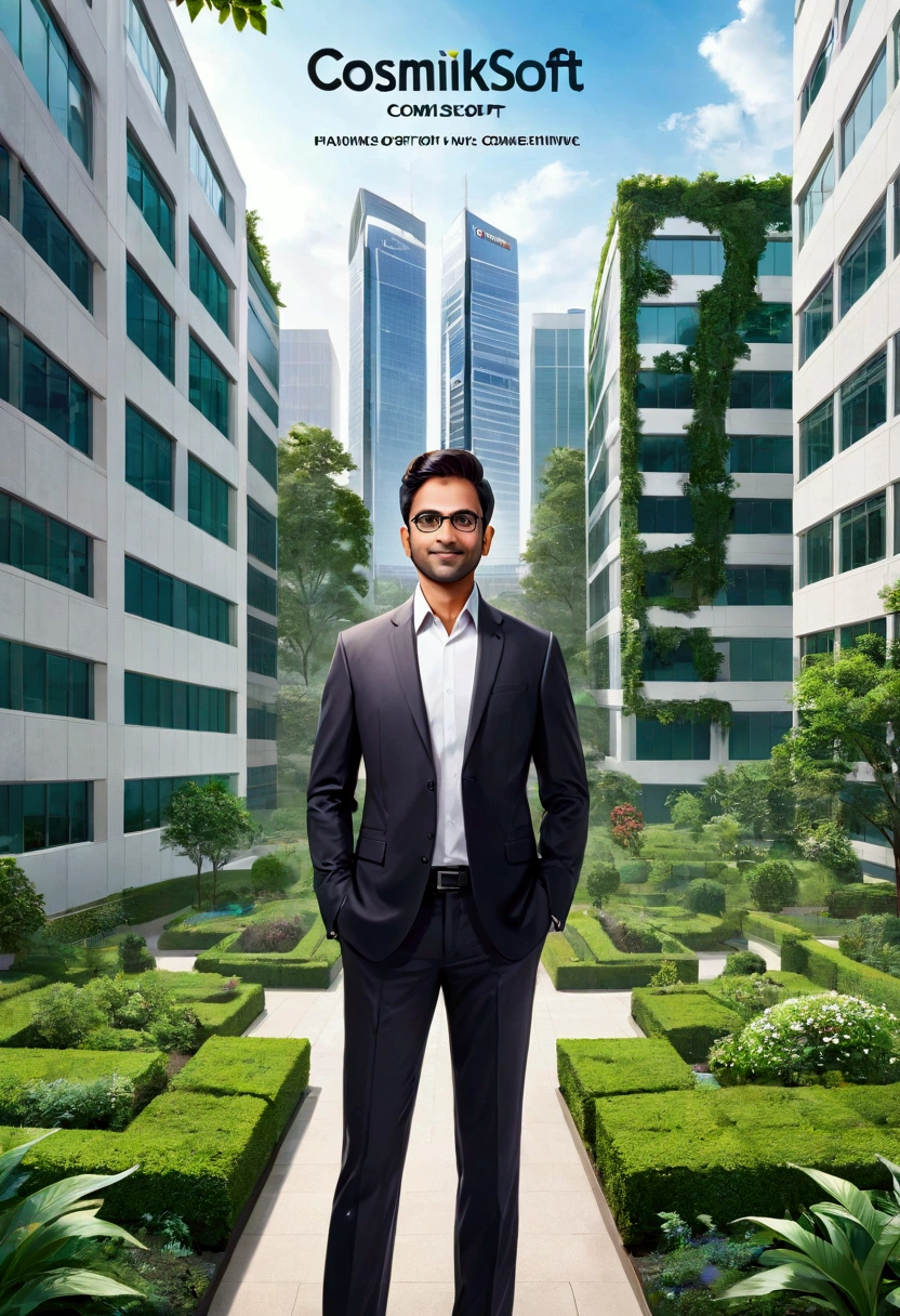 please generate an image, where an Indian male executive is seen standing before an office building, where the word "cosmiksoft" is depicted as company's name, and that person is facing the viewer, and is wearing eyeglasses, and the image is a longshot panorama view, with good amount of green garden around