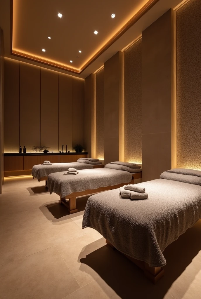 View of the spa treatment room, with 3 spa beds in earthy brown tones, with a touch of gray
