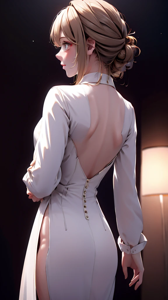 1 Girl, medium light gold hair, light white eyes, wearing Black Suit 4D , night club TOWN 18+, high res, ultrasharp, 8K, masterpiece, looking from behind