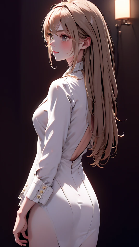 1 Girl, medium light gold hair, light white eyes, wearing Black Suit 4D , night club TOWN 18+, high res, ultrasharp, 8K, masterpiece, looking from behind