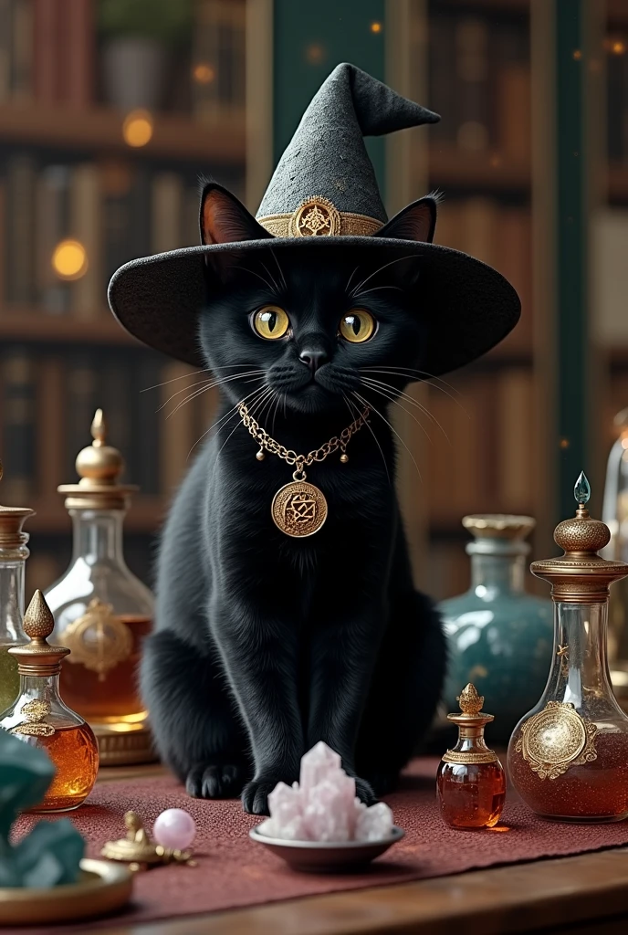 a cute black cat wearing witch'shat, surrounded by crystals and other magical objects, no humans, hat, witch hat, animal, animal focus, black cat, potion, cat, bat (animal), flask, gem, black headwear, ultra-realistic, 8k,ultra-realistic, hyper-detailed, 32k uhd, (Background is Luxury witches room and magic room) Magic Items, Magic Bottle, Large Magic Bottles, Elven Magic Bottle, Fairy Magic Bottle, hexagram, Crystal Magic, magic books wiccan, Luxury hexagram necklace, luxurious witch necklace, very much Witch spices and Magic Spices, (big hexagram closed books at the table Before photen by cate) 