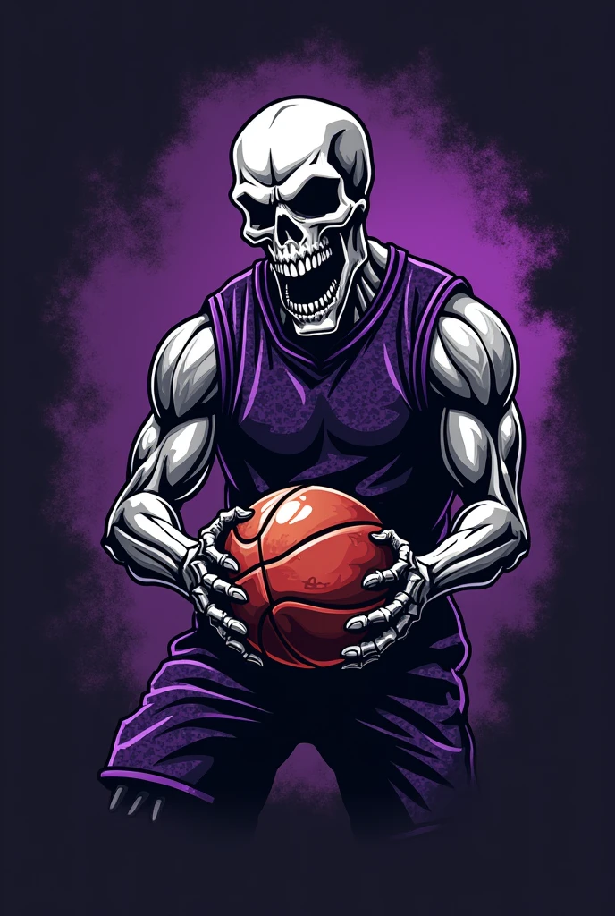 Logo for a basketball team where a skull plays basketball, This makes a mate, putting the ball in the hoop. The clothes are designed to highlight the purple and black colors.