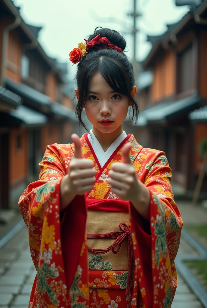 I'm in Kyoto、A woman in a kimono with her middle fingers raised