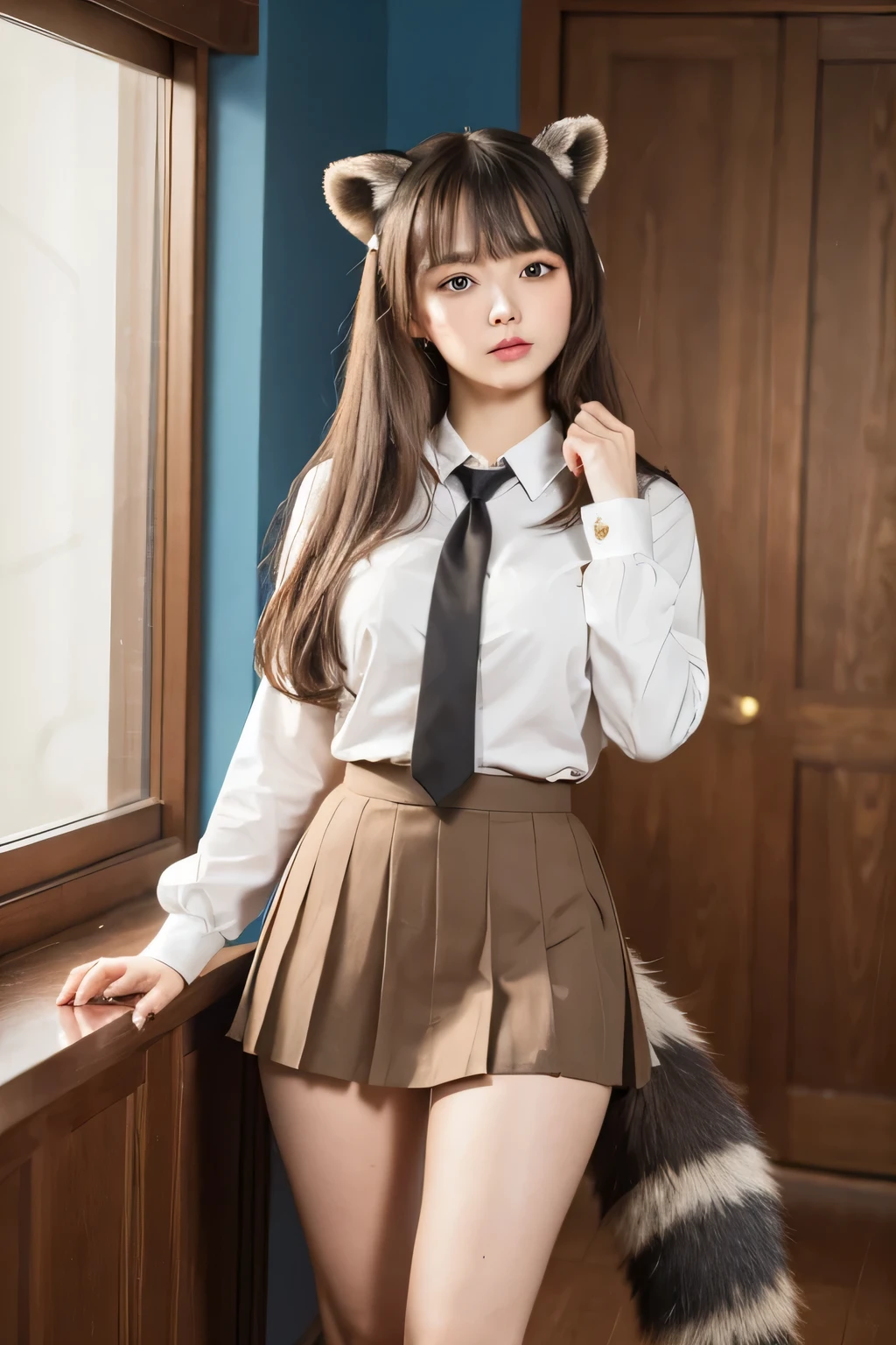 ((Highest quality, 8k)), ((masterpiece)), (Highest Resolution), Perfect Face, Woman with a raccoon tail, Female college student, Beautiful woman, public, ending, She has a thick tail, Big raccoon tail, She has a brown raccoon tail in her skirt., She wags her tail, Surprised face, she is wearing a short skirt, Beautiful Hips , Small breasts, The hem of her skirt is rolled up by her tail., Bushy Tail