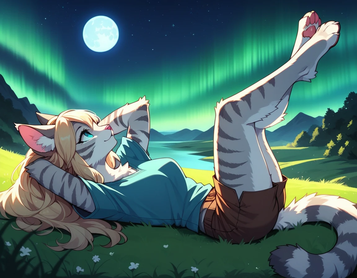 score_9,score_8_up,score_7_up, score_6_up, score_5_up, source_anime, kemono style, Kat, female Anthro furry feline, silver fur, grey stripes on body, blue eyes, long blonde hair, pink nose, :3, she is wearing blue tunic, brown short shorts, barefoot, lying on her back, legs crossed, one foot up, at a small campsite, hands behind head, lying on a brown sleeping bag, on a grassy hill, scenery shot, far away shot, beautiful starry night sky, aurora borealis, full moon, looking up at the sky, content expression, side view,