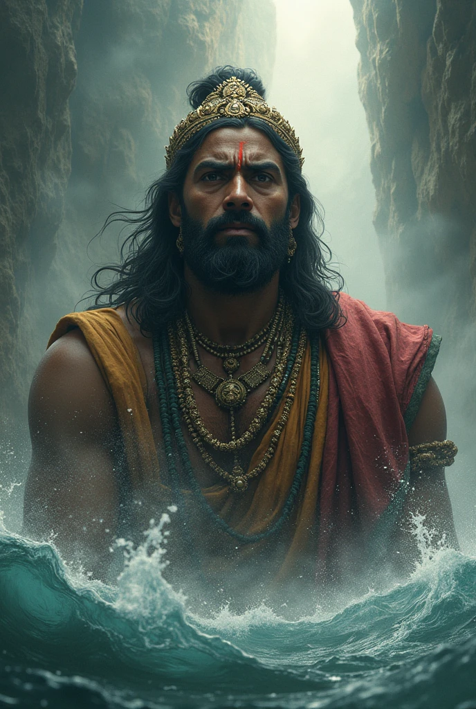 A portrait of King Shantanu, with a mix of shock, anger, and helplessness, as he watches Ganga take another child to the riverIn dall e-3 style