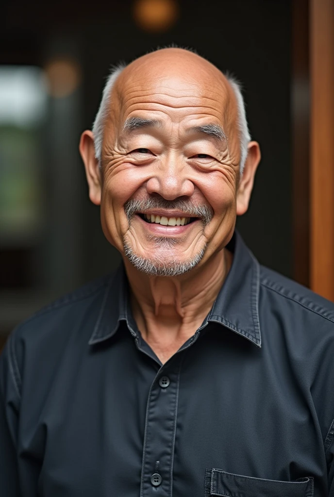 Cool old man、Japanese、front、ID photo style、smile、Bald