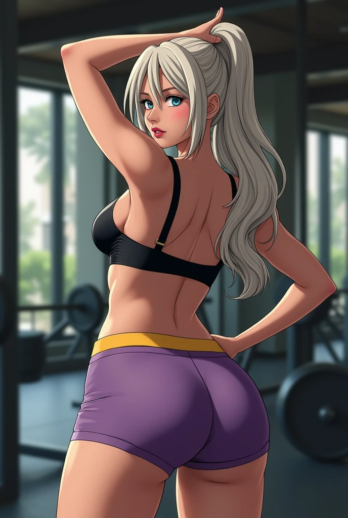 Naruto character (sakura)Stick your butt out and stretch, Full body photo from head to toe, Gym, voluptuous big buttocks, G-cup breasts, narrow waist, accentuating curves, high-cut purple gym shorts revealing wide hips, black sports bra highlighting cleavage, yellow thong panties, wearing high-heeled gym shoes, garter belt, face is ultra-realistic, sensual woman, photographed in natural light, dark makeup, glossy red lips, platinum blonde hair, ice-blue eyes, a muscular man flexing next to her, masterpiece photography, genetically modified to have the widest hips in the world with the smallest chest in the World, a powerful
