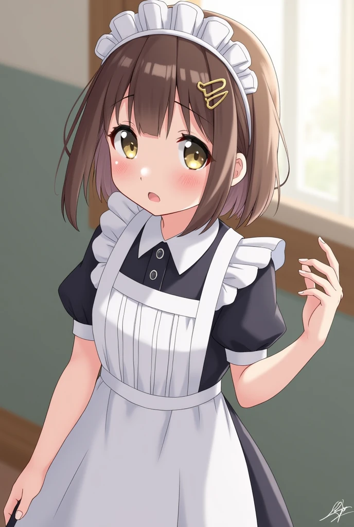one girl, anime style, maid, upper body, beautiful, naive, my neighborhood friend, beautiful, stare at me, blurry, hair clip