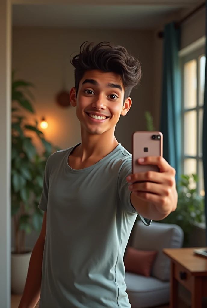 A young Latino man , in the background a room, Taking a selfie