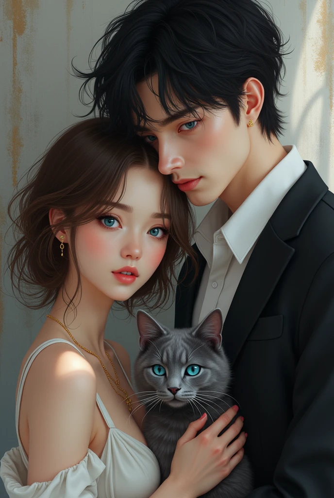 Make me a picture of a woman with brown hair, White skin, long hair and dark brown eyes, Now next to me is a black-haired man with somewhat strong arms, White skin y ojos cafe oscuros y al lado un gato gris con ojos cafe oscuro