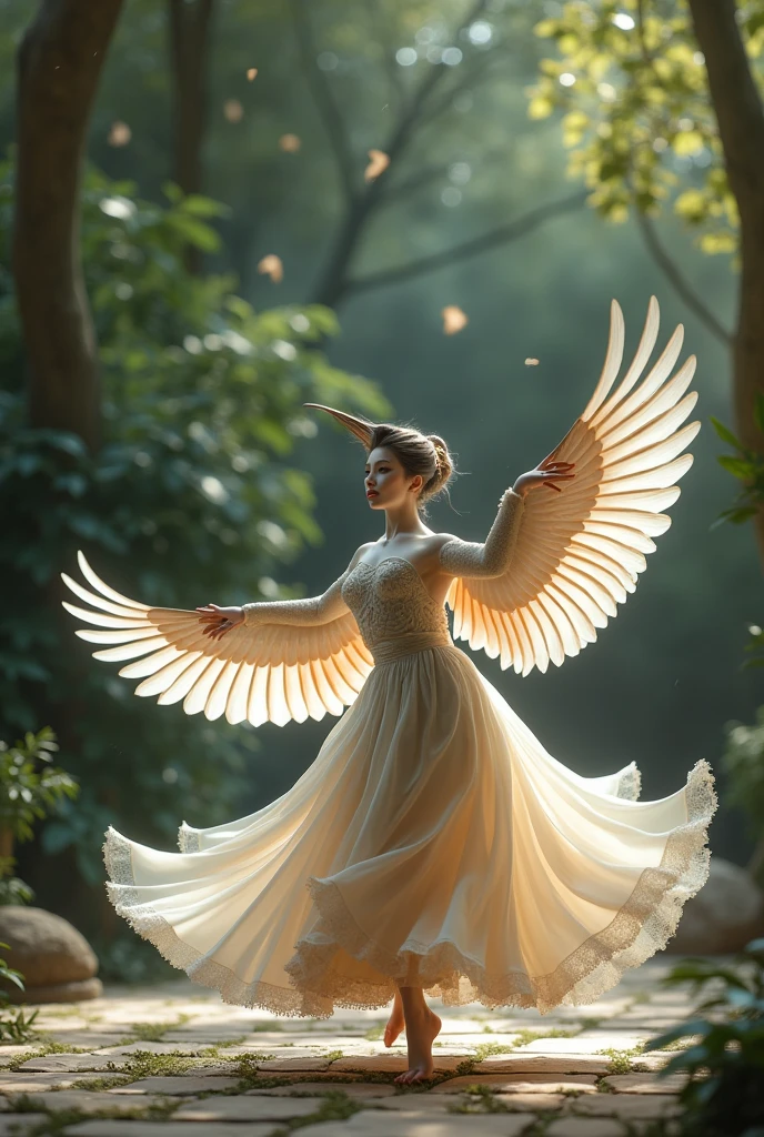 Describe the grace and elegance of a dancing, beautiful bird in a formal tone.