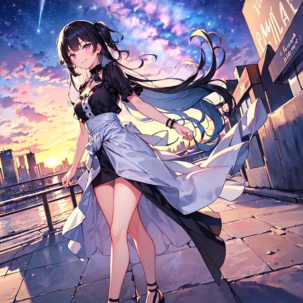 masterpiece, best quality, high quality, extremely detailed, very delicate and beautiful, (1 female 18 years old, solo: 1.5), (long black hair up to waist with two side up: 1.5), bangs to eyebrows, eyes (eyes sharp, strong, glossy, glossy eyebrows), (eye color magenta:1.3), 6.5 head height, (summer fashion: 1.3), knee socks, lace, frills, (smiling), (walking), (dynamic pose), (looking at city from summer hill: 1.3), (Milky Way Night Sky:1.3)