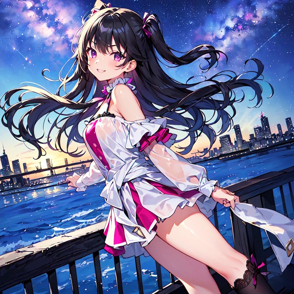 masterpiece, best quality, high quality, extremely detailed, very delicate and beautiful, (1 female 18 years old, solo: 1.5), (long black hair up to waist with two side up: 1.5), bangs to eyebrows, eyes (eyes sharp, strong, glossy, glossy eyebrows), (eye color magenta:1.3), 6.5 head height, (summer fashion: 1.3), knee socks, lace, frills, (smiling), (walking), (dynamic pose), (looking at city from summer hill: 1.3), (Milky Way Night Sky:1.3) 