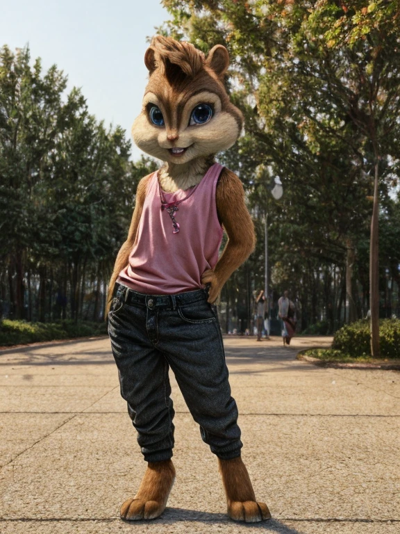 score_9, score_8_up, score_7, score_6, park, brittany miller, chipmunk, furry, short ears, light pink top, black jean shorts, standing, looking at viewer, 6 inches tall