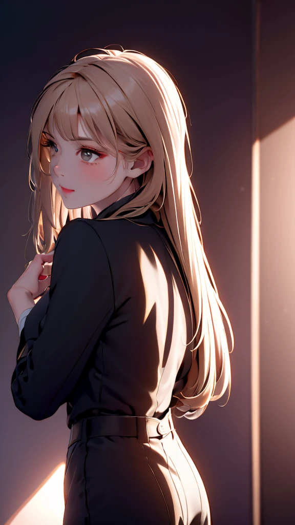1 Girl, medium light gold hair, light white eyes, wearing Black Suit 4D , night club TOWN 18+, high res, ultrasharp, 8K, masterpiece, looking from behind