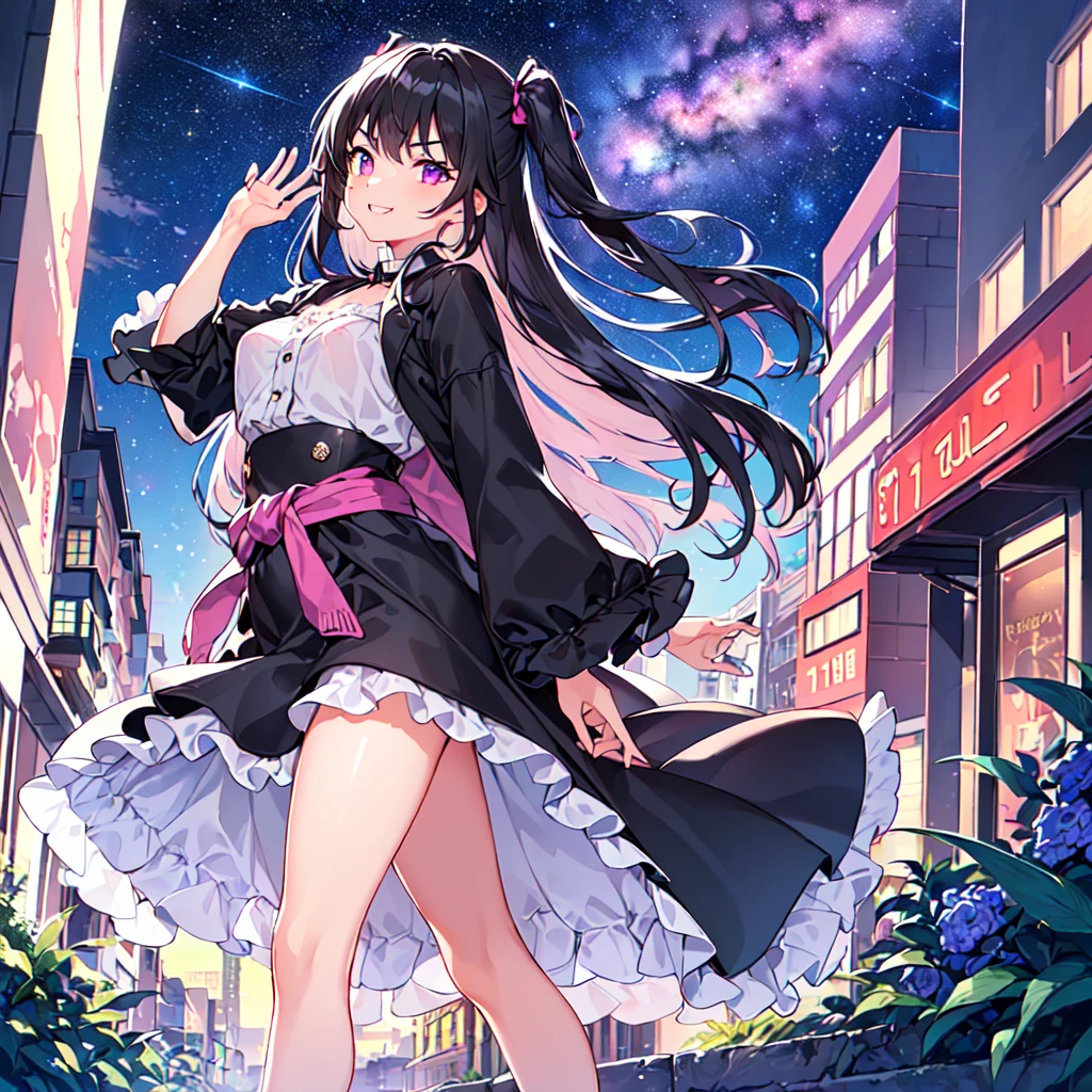 masterpiece, best quality, high quality, extremely detailed, very delicate and beautiful, (1 female 18 years old, solo: 1.5), (long black hair up to waist with two side up: 1.5), bangs to eyebrows, eyes (eyes sharp, strong, glossy, glossy eyebrows), (eye color magenta:1.3), 6.5 head height, (summer fashion: 1.3), knee socks, lace, frills, (smiling), (walking), (dynamic pose), (looking at city from summer hill: 1.3), (Milky Way Night Sky:1.3)