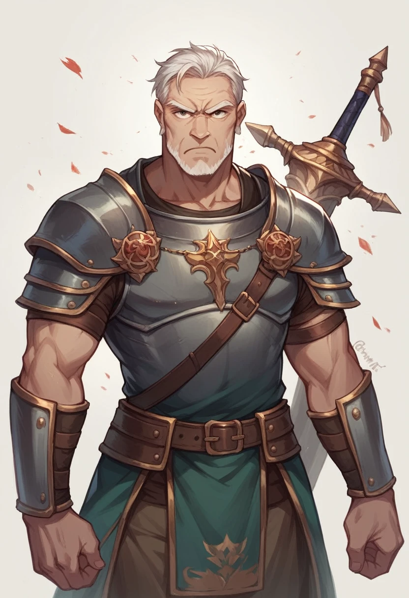 Fantasy games, male warrior, 30-year-old man, serious expression, Warrior's Attire, Take up a knife, Victory Pose