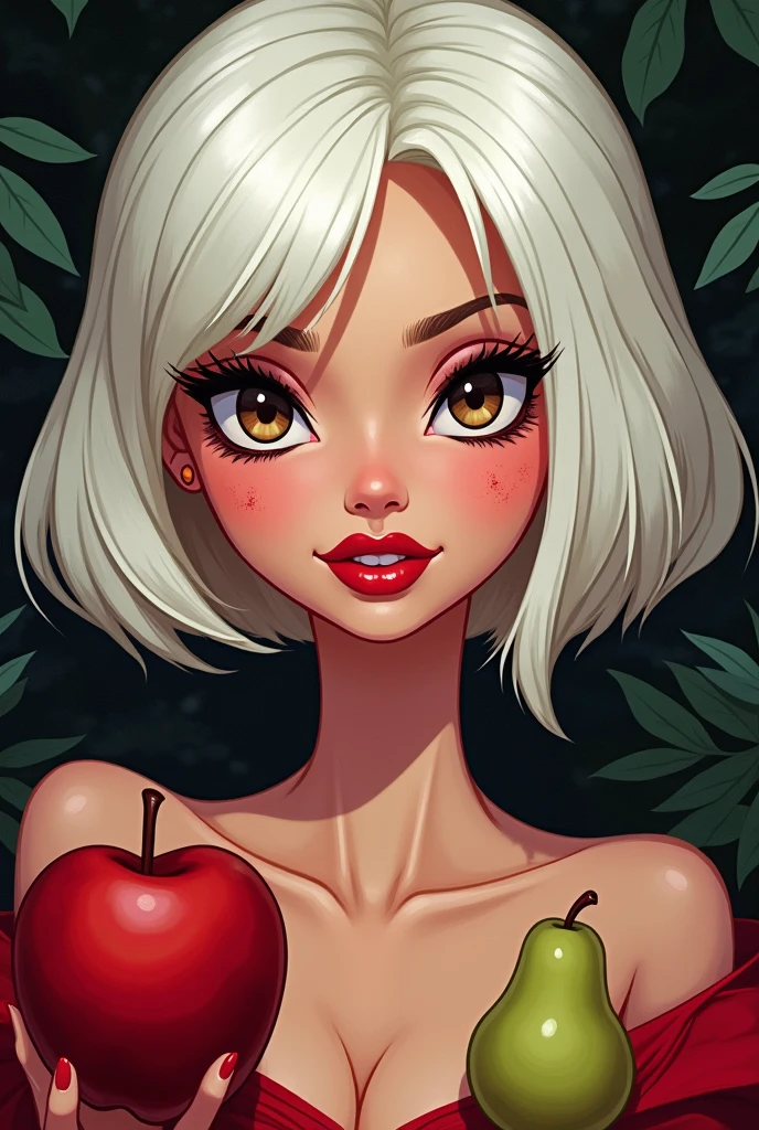 Barbie style cartoon, SEX,intimidating look of brown eyes short white hair to the shoulder ,with an apple and a pear, Forbidden fruit,wrap around 