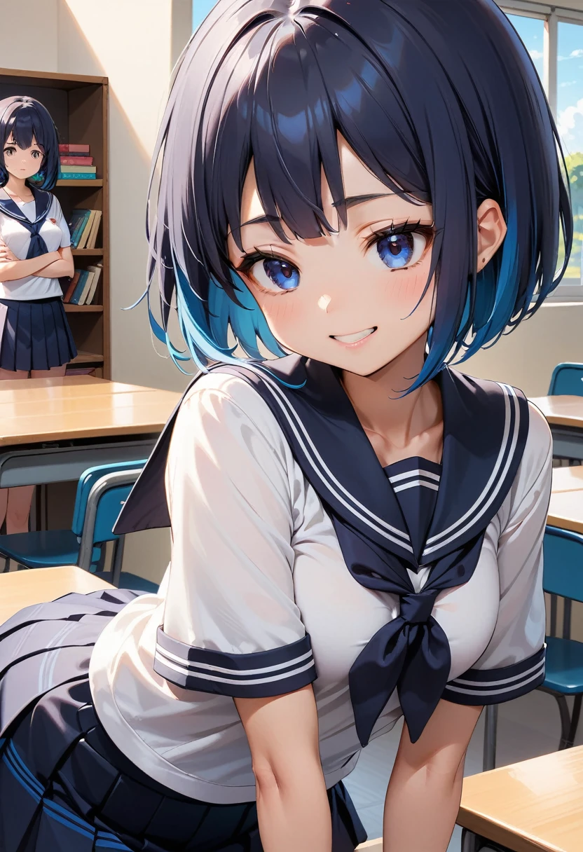 (masterpiece, best quality:1.2), 1girl, solo,(JK, , Sailor suit, Pleated skirt, Striped pants)
, catria,kawaii,,(navyblue Hair:1.5),Short Hair,Bob,blue eyes,Thin Waist,Small,Toned,small breasts,short stature,classroom,(animated:1.5),(Let out a laugh:1.5)