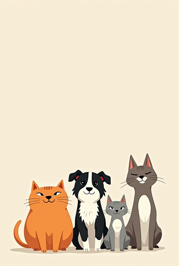 A slightly round orange cat, a gray cat and a black and white border collie dog larger than cats with a 2d animation, that they are stuck facing forward 
