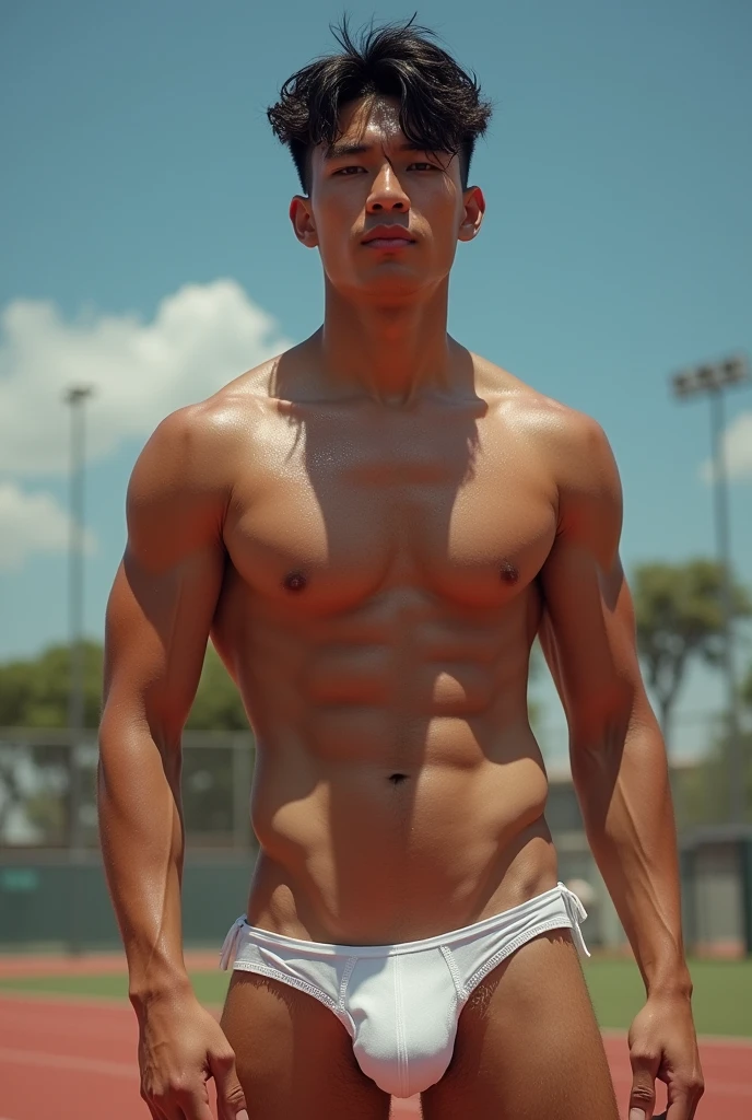 Asian man bodybuild ,SWEATY BODY, Front light, wet thong, Very wet body, sweating, , pulling off HIS SHIRT exposing his sexy chest, Very hot sunny day, Fluffy chest, pink nipple, Curly hair , BLUSHING, SHY EXPRESION, blushing face, kneeling, on the sport field, seducing, just Wearing wet white Tiny thong exposing his big bulge, very wet body, Hairy stomatch, very hairy abs, Very bushy hairy armpits, hairy pubic, hairy crotch, Super Realistic photography, PROUDLY SHOWING OFF HIS sexy body, Cute exposing his sexy nipple, DETAILED, Very wet body, showing off his very sweaty hairy armpits, Slim fit body, teen, , 25 years old boy, Very young teenager, Very big hard dick, sweat covering all over the body, Sweat dripping all over the body, Proudly showing off his sweaty very hairy armpits to audience, The colors are bright and vibrant, enchancing the overall aesthetic, casting a soft glow on the front face and front body, don't merge body's, detailed eyes and lips, sixpack and fit body. Image quality is of the highest standard, with ultra-detailed features and a realistic appearance.