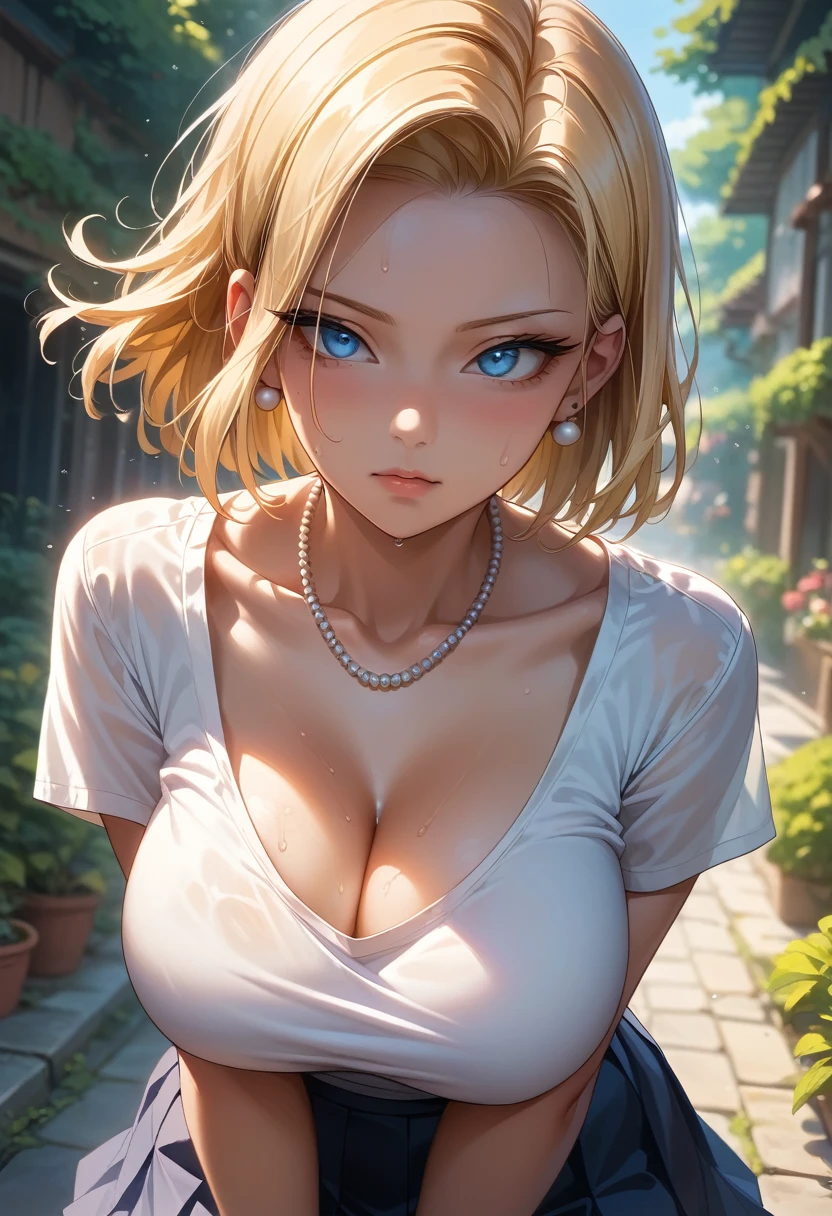 （（（完美shape，shape，alone， （（（bicycle、Hooded parka、Pleated skirt、Thigh-high black socks、Pearl Necklace、Earrings））），（（（AND18, Android 18, Blonde, blue eyes, short hair, ））），((masterpiece)),High resolution, ((Best quality at best))，masterpiece，quality，Best quality，Cinematic lighting（（（Detailed face、Detailed eyes、 shame、Exquisite facial features，There is light in the eyes、shame、(（（anger，Severe））)，））），型shape:1.7））），（（（Light and shadow，Huge breasts））），（（（Looking away）））、((Best Angle、Best Shot、Sweating profusely))、((garden:1.2))、(NSFW:1.1))、bicycleに乗っている、My hair is blowing in the wind
