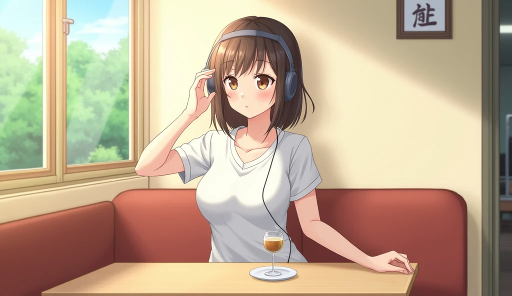 Relaxing Music、Big Breasts、high school girl、Shortcuts、Headphones、Lo-Fi、2D-style animation、Cafe、Calming colors、Calm expression、Comfortable seats、Soft sunlight