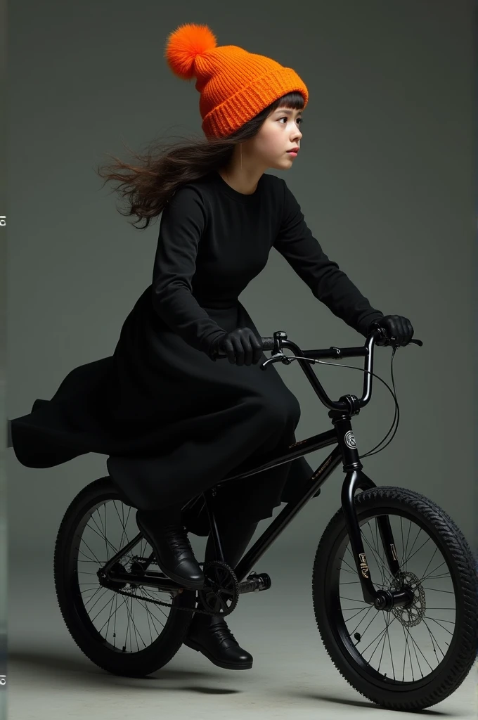 young, black dress, with orange winter hat, on a black bmx, side perspective