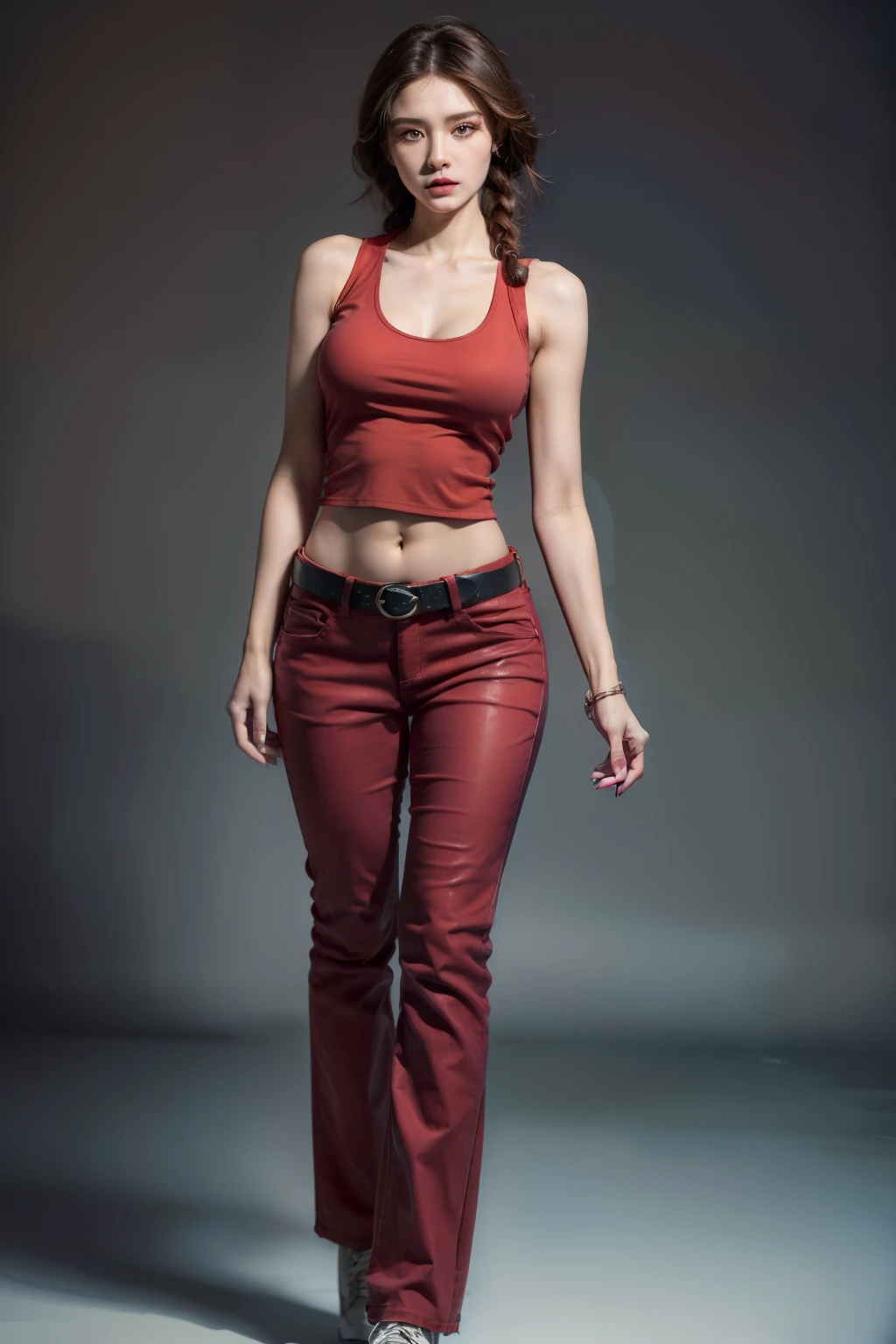 (RAW shooting, Photoreal:1.5, 8k, highest quality, masterpiece, ultra high resolution), perfect dynamic composition:1.2, Highly detailed skin and facial textures:1.2,beautiful and aesthetic:1.2, sexy beauty, perfect style, belief, Strong-willed, revenge, Fair skin, very beautiful face, (large breast:1.8, Chest gap:1.8), (beautiful eyes)(1girl, tall, long legs, navel:1.2, makeup:1.2, single braid, tank top,sleeveless,belt:2,tight red jeans:2),(simple background:1),(knees together),(full body photo:2),