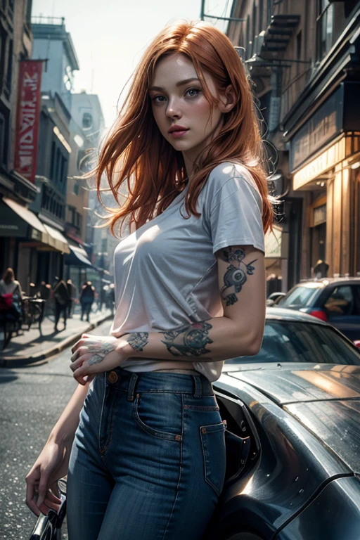 light redhead hair, vibrant blue eyes, white pale skin, portrait, rocker clothes, band clothes, thin nose, thin chin, dark night scene, tattooed , High detail RAW colored art, (detailed skin, skin texture), (muscle), intricate details, fine details, hyperdetailed, ray tracing, subsurface scattering, diffuse soft lighting, red and blue spotlight, by Jeremy Mann, Greg Manchess, Antonio Moro, trend at ArtStation, trend at CGSociety, Intricate, High Detail, Sharp focus, dramatic and photorealistic painting art by midjourney, bokeh in the background, Pub, best quality, masterpiece, only 1girl, halfbody portrait, night dark ambient, look at the viewer, white t-shirt, blue jeans pants, night bar, country scenario, oregon calm city