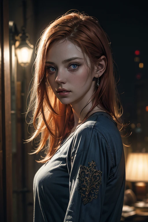light redhead hair, vibrant blue eyes, white pale skin, portrait, rocker clothes, band clothes, thin nose, thin chin, dark night scene, tattooed , High detail RAW colored art, (detailed skin, skin texture), (muscle), intricate details, fine details, hyperdetailed, ray tracing, subsurface scattering, diffuse soft lighting, red and blue spotlight, by Jeremy Mann, Greg Manchess, Antonio Moro, trend at ArtStation, trend at CGSociety, Intricate, High Detail, Sharp focus, dramatic and photorealistic painting art by midjourney, bokeh in the background, Pub, best quality, masterpiece, only 1girl, halfbody portrait, night dark ambient, look at the viewer, white t-shirt, blue jeans pants, night bar, country scenario, oregon calm city