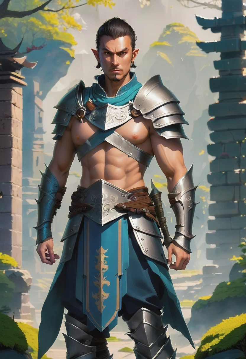 Fantasy games, male warrior, 30-year-old man, serious expression, Warrior&#39;s Attire, Take up a knife, Victory Pose