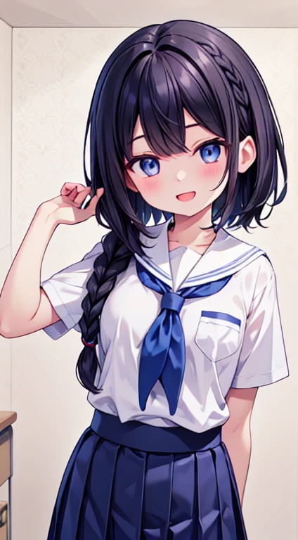 Tabletop, Highest quality,figure, wallpaper, Super detailed, One Girl,alone,Beautiful attention to detail,Very thick outline、Medium short-Cut Hair、short, Braided hair、(school uniform)、Dark Hair、Open mouth and big smile、Kamimei、Angle where you can see the whole body、Looking down angle:1.2、Small Head、Ample breasts