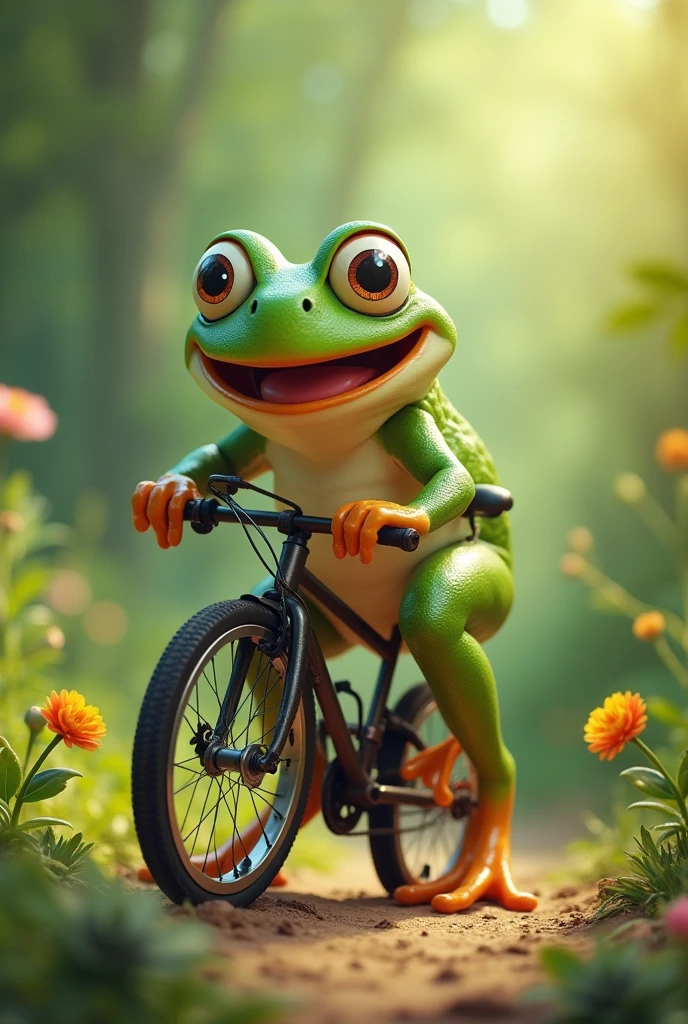 Frog raiding a bicycle with a big smile in her face.