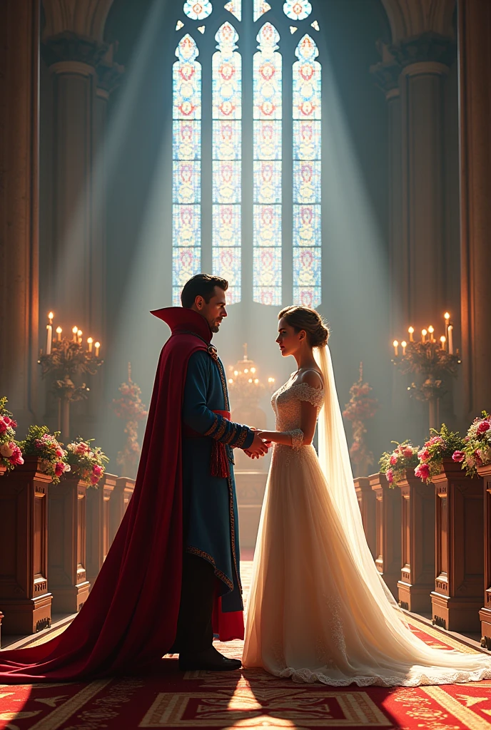 Generate the photo of groom and bride in front of church in which groom as Dr strange and bride as Christine from the movie Dr strange 