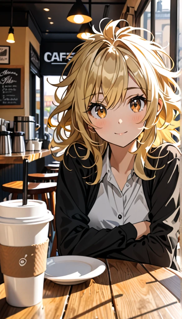 Beautiful and blond, messy styled hair, morning, cafe, wearing black, free arms, looking sitting across the viewer , intrested