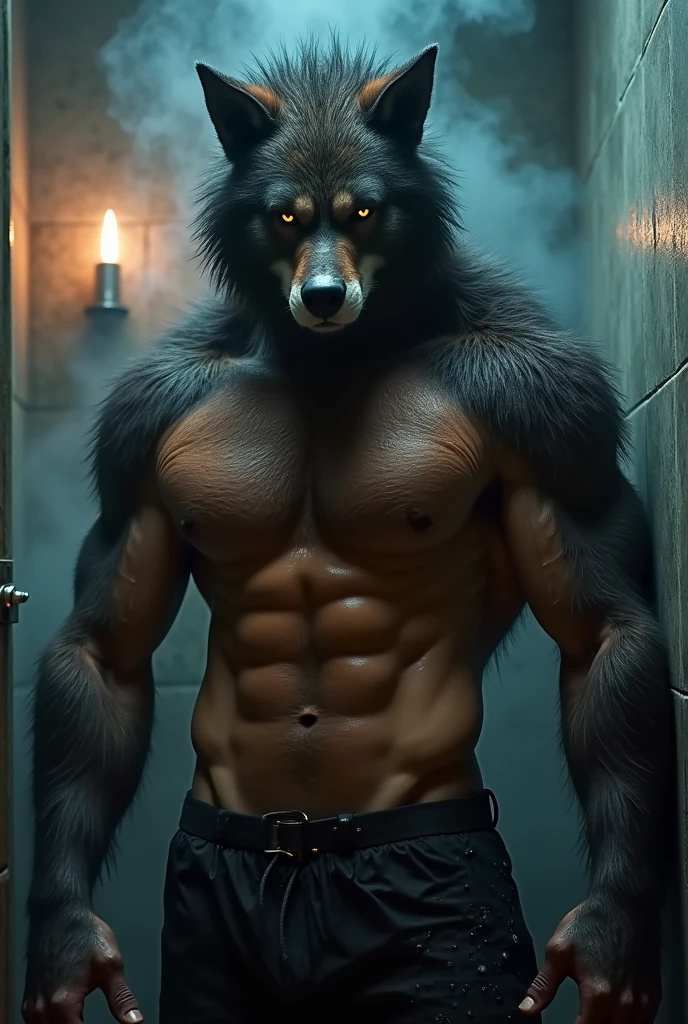 Sexy muscle gay werewolf man in the bathroom showing his big wet cock