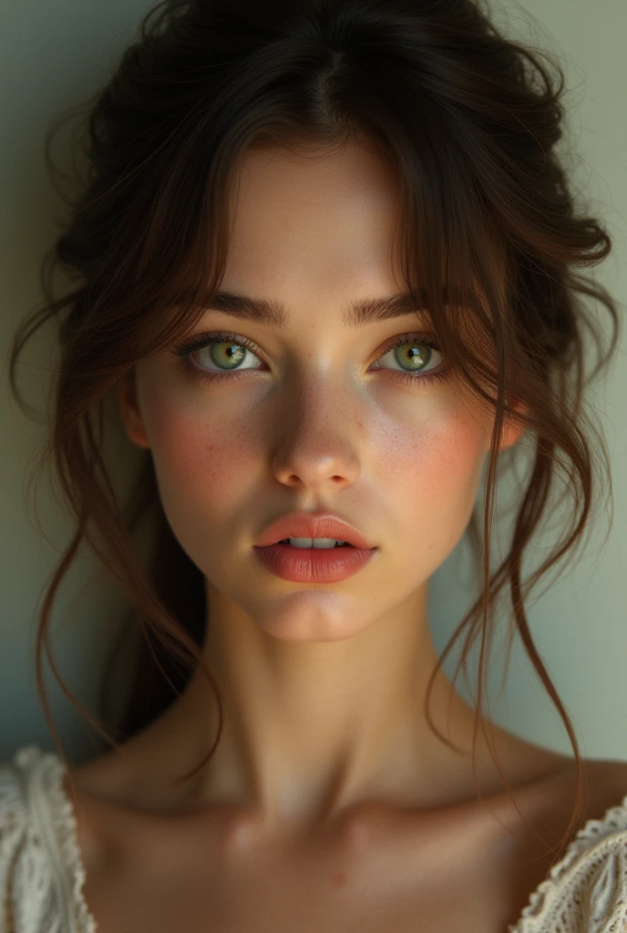Draw a girl with Spanish features, green eyes and brown hair with a thin face.