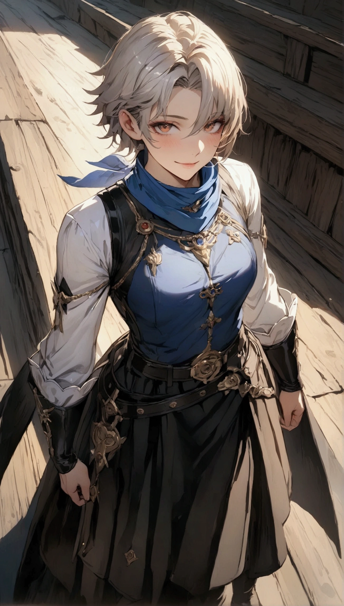 (Masterpiece. The best quality. 8K. Sharp focus. Depth of field, The best shadows. Perfect lighting. HDR. Realistic skin texture. Ultra-detailed background. Detailing). Anime style. Genshin Impact. 1 guy. Ash gray hair, short hair. Brown eyes, beautiful eyes, expressive eyes. Beautiful nose, perfect facial features. Ideal anatomical body, toned body, broad shoulders, strong arms. white shirt. Blue vest. brown pirate breeches. Wide black belt at the waist. blue bandana. Knee-high boots. saber on the belt. A self-confident grin, a sly look. Hands folded crosswise. Stands on the side of the ship. Stands at full height. Looks at the viewer. Full height. Full body.
