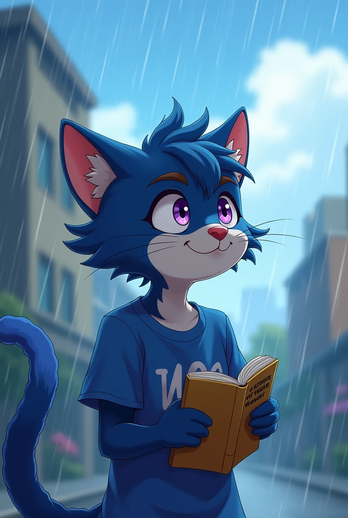 A 6-yar old cat boy, blue cat tail, blue hair and purple eyes, wearing a blue T-shirt
smiling while looking at the sky in a rainy day.
He hold with his tail a book titles "A Glimps of The World"