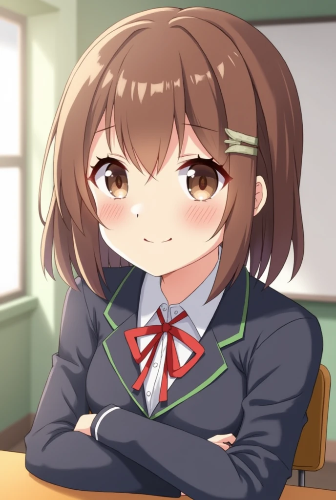 one girl, anime style, jacket, necktie, upper body, beautiful, naive, my neighborhood friend, beautiful, stare at me, blurry, classroom, hair clip