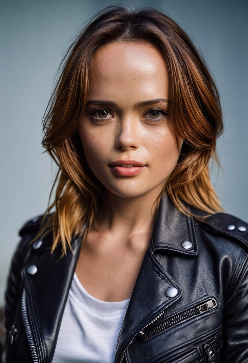 RAW photo, (high detailed skin:1.2), 8k UHD, DSLR, soft lighting, high quality, film grain, Fujifilm XT3, RAW candid cinema, 16mm, color graded portra 400 film, remarkable color, ultra realistic, remarkable detailed pupils, shot with cinematic camera,leather jacket, white t-shirt,Katia Winter,