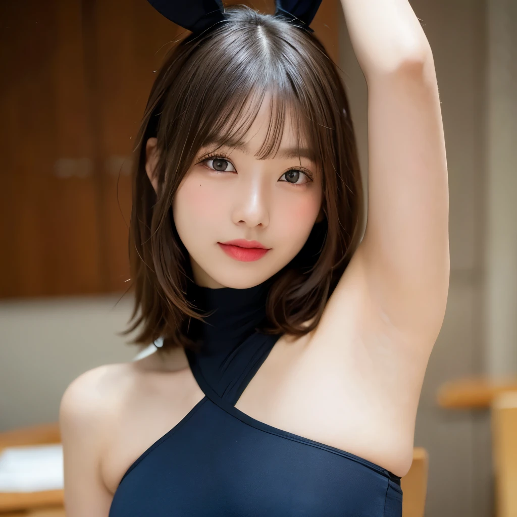 (((((Beautiful Armpits Model、Raise your arms、Armpit close-up:1.1)))))、Browsing Caution, ((very beautiful big :1.5))、(Cute Smile:1.4)、世界で一番かわいい顔のJapanese womenPlayboy Bunny、Very embarrassed look、Looking into the camera、とても美しいJapanese womenPlayboy Bunny、Age 25女性、Beautiful Face、 (Fine skin:1.2), (Glowing Skin:1.1),8k,Highest quality, Tabletop, Ultra-high resolution,(Realistic:1.4), RAW Photos,(Soft Saturation:1.3),(Fair skin:1.2),1 female, Compensate,(lipstick:1.1),(eyeliner:1.1),mascara, eye shadow, Glamour, (big breasts:1.2), blonde and semi-Brown Hair, Medium Hair, Asymmetrical hair, Asymmetrical bangs ,(8k、RAW Photos、Highest quality、Tabletop:1.2)、Age 25の美しいJapanese women、Laughter、日本のPlayboy Bunnyさん(wearing a navy leotard)、1men and women、Slim face、世界で最も美しいJapanese women、Very detailed顔、Beautiful Eyes、double eyelid、Kamimei、Perfect Teeth、Perfect Teeth並び、(Glowing Skin)、(Sunburned skin)、(Realistic Skin)、(big:1.4)、(Tight waist:1.4)、(大きめのButt:1.4)、(Attractive body:1.4)、(Wearing a navy blue leotard:1.4、)、(8k、Pull from the knee up、RAW Photos、Highest quality、Tabletop:1.2)、美しいJapanese women、(Fine skin:1.2),(Glowing Skin:1.1),8k,Highest quality, Tabletop, Ultra-high resolution,(Realistic:1.4), RAW Photos,(Soft Saturation:1.3),(Fair skin:1.2),1 femalel,Compensate,(eyeliner:1.2),mascara, eye shadows, Glamour, big breasts, Brown Hair, Medium Hair, Asymmetrical hair, Wavy Hair, Asymmetrical bangs, ((Playboy Bunny)), ベージュのpantyhose, At the office, (Tight waist), (Playboy Bunny), (Butt) , Buttのポーズ, Nipple stand, Please take off half your clothes, Put your panties aside, pantyhose, (Front shot, big), Front view, ((Looking into the camera))、clothing) (A tight leotard half worn:1.2) , pantyhose, ((Highest quality)), ((Intricate details)), ((ultra Realistic realism)), Stupid solution, Japanese women, Age 25,Natural Makeup, lipsticks, Very detailed, Raise your consciousness, 1 girl, (Tight waist)、(大きめのButt:1.引き締まったButt:1.Perfect Thighs)、(Perfect Legs)、(Perfect Legs)、Perfect hands, Finger details, 細くてBeautiful Eyes