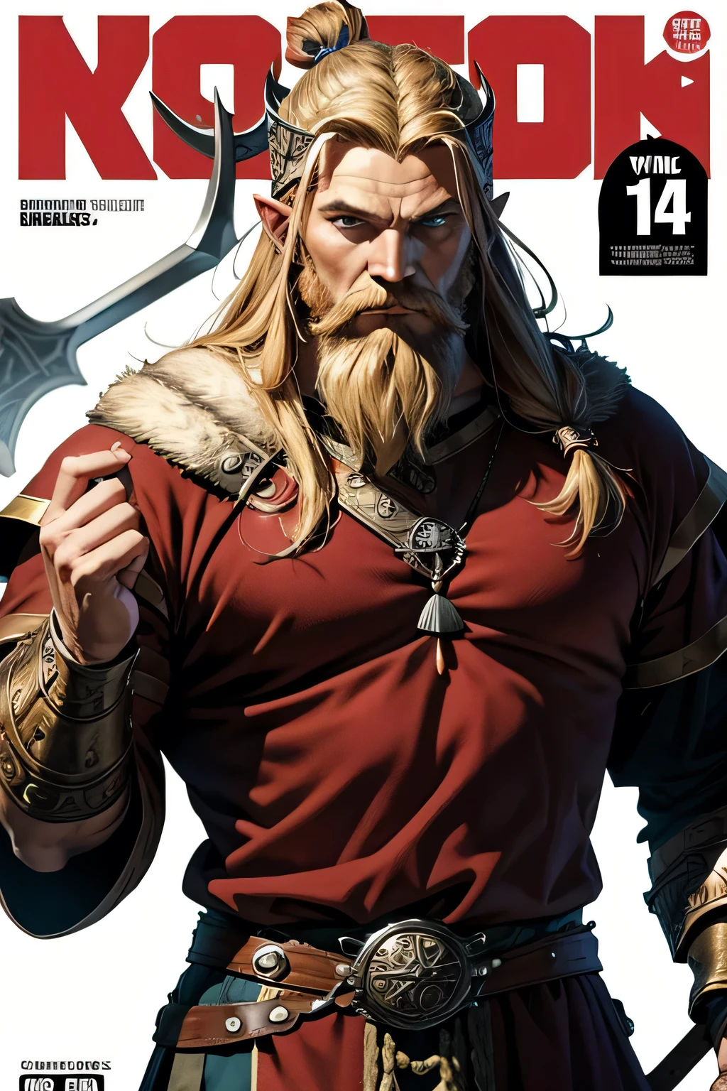 viking man, covered chest, manga cover