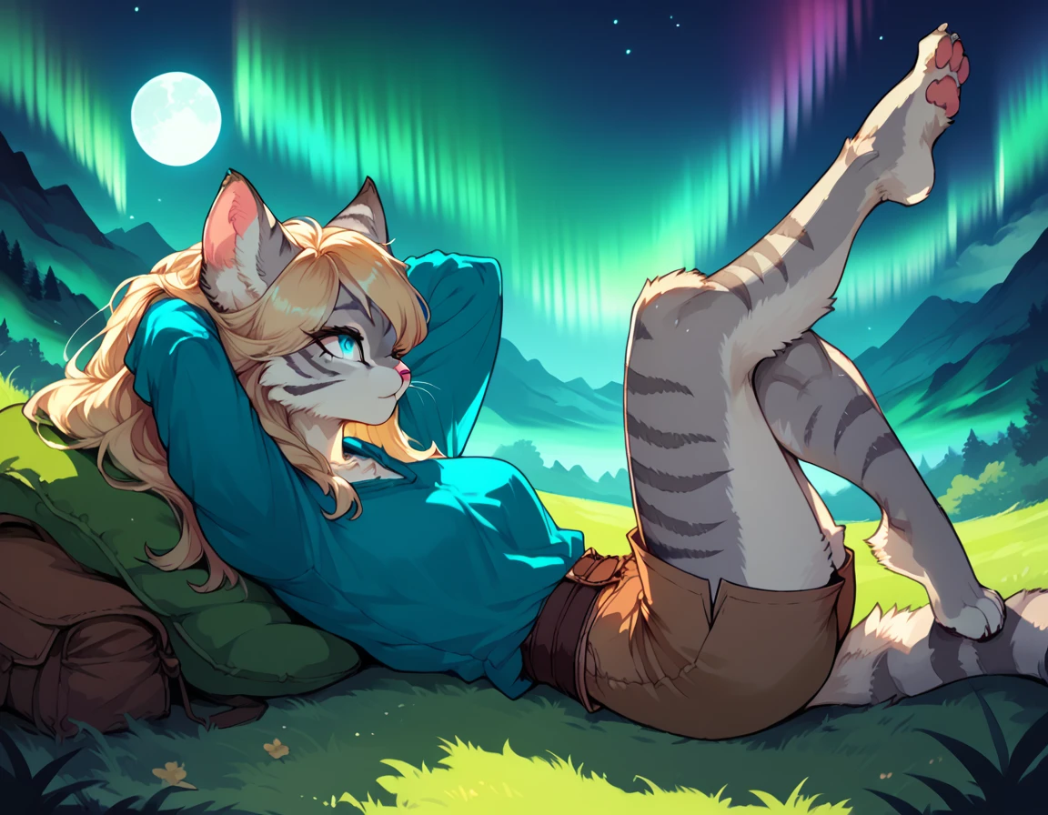 score_9,score_8_up,score_7_up, score_6_up, score_5_up, source_anime, kemono style, Kat, female Anthro furry feline, silver fur, grey stripes on body, blue eyes, long blonde hair, pink nose, :3, she is wearing blue tunic, brown short shorts, barefoot, lying on her back, legs crossed, one foot up, at a small campsite, hands behind head, lying on a brown sleeping bag, on a grassy hill, scenery shot, far away shot, beautiful starry night sky, aurora borealis, full moon, looking up at the sky, content expression, side view,